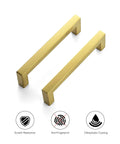 No Drama Makeover With Heavy Duty Brushed Brass Square Cabinet Handles And Drawer Pulls In A Solid 30 Piece Set Featuring Easy 5 Inch Center To Center Spacing For Effortless Home Glow Ups - Close-up of two brushed brass square handles with a modern design.