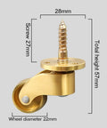 Premium Polished Brass Swivel Casters with 22 mm Wheels, dimensions included, ideal for furniture mobility.