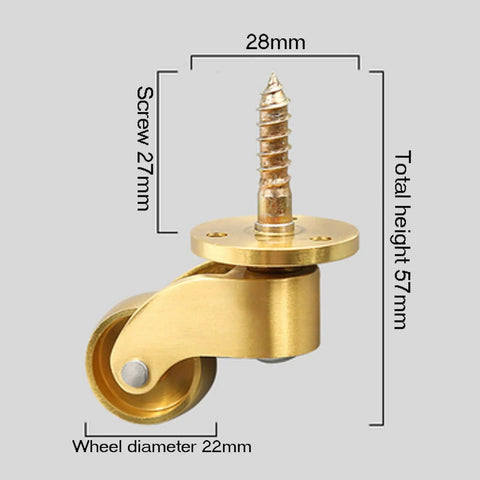 Premium Polished Brass Swivel Casters with 22 mm Wheels, dimensions included, ideal for furniture mobility.