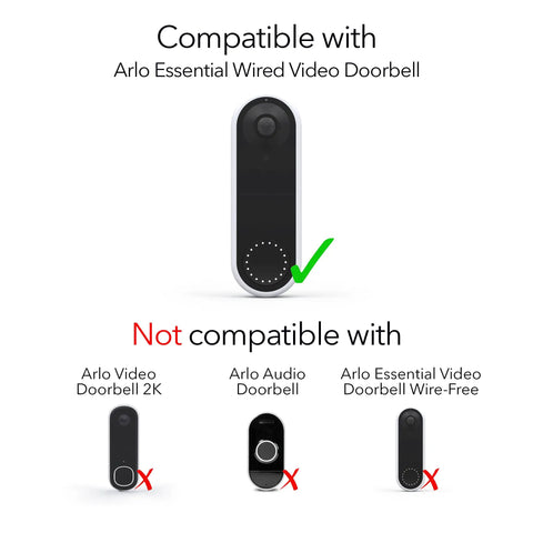 Compatibility chart for Arlo Essential Wired Video Doorbell with non-compatible models shown below