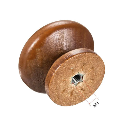 Close-up view of a dark red round wood knob showing M4 screw hole; part of Five Pack of Hella Stylish Dark Red Round Wood Knobs with Screws for Cabinet and Dresser Makeovers Sturdy Construction and Slick Varnish to Up Your Home Decor Game Right Now.