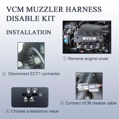 VCM Muzzler Harness Disable Kit installation guide showing steps to disconnect ECT1 connector and connect the VCM cable.