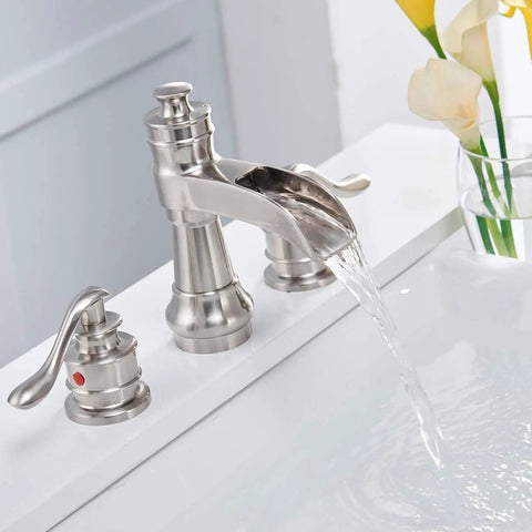 Matte Black Widespread Bathroom Faucet 8 Inch Centers With 2 Handles Waterfall Flow 3 Hole Farmhouse Vanity Sink Faucet