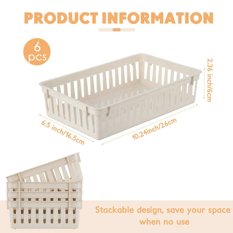 Bulk Set Of Six Small Beige Plastic Storage Baskets Perfect For Desk Drawer And Countertop Tidy Organization with stackable design.