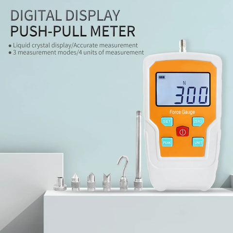 Hard Core Digital Force Gauge Push Pull Meter And Handheld Dynamometer on display with measurement units and accessories for testing.