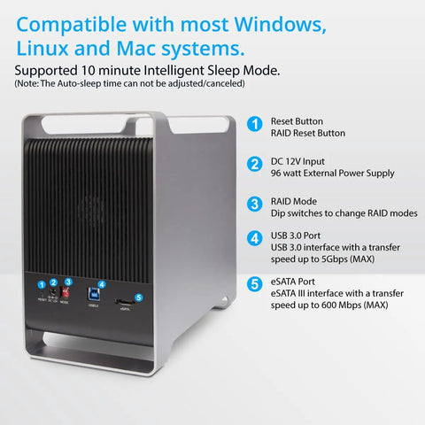 Rock Solid 5 Bay External Hard Drive Enclosure Packing No Sweat USB 3.0 And ESATA Ports for 2.5 And 3.5 Inch SATA Drives rear view, showing ports and controls.