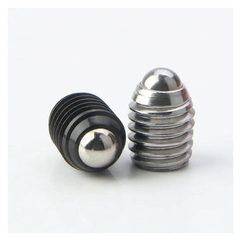 Close-up of two M8 ball spring plungers, one black and one silver, from the 15 Piece M8 Ball Spring Plunger Hex Socket Set Screws Crafted From Premium Stainless And Carbon Steel Tough As Nails Hardware With A Dead Tight Hold Designed For Rock Solid Machine Setup And Garage Diy Upgrades.