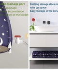 Foldable Portable Bathtub With Thickened Insulation And Double Drainage For Small Spaces, showing drainage port and folded storage in bathroom.