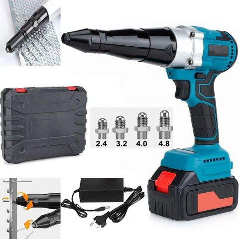 Professional Heavy Duty Cordless Rivet Gun With Ergonomic Handle For Hassle Free Rivnut Setup And Blind Fastening No Sweat Job Site Companion Rock Solid Shop Must Have with attachments and charger.