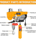 Heavy Duty Electric Hoist Providing 550 Pound Lifting Capacity And Powerful 560 Watt Motor showing various parts including cable and emergency stop switch.