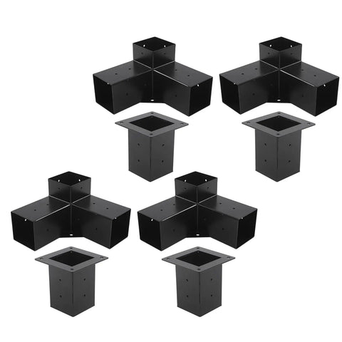 Heavy Duty 3 Way Corner Post Bracket Kit With Black Powder Coated Steel For Six By Six Lumber DIY Elevated Wood Stand Rustproof Weatherproof Hardware Set 8 Pieces