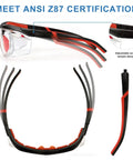 Anti Fog Scratch Resistant Safety Goggles With UV400 Lens Coating and HD Optics featuring adjustable temples and red frame.