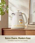 Retro Electric Kettle With Thermometer 1.7 Liter All Stainless Steel 1200 Watt Fast Boil Cordless BPA Free Auto Shut Off With Precise Temperature Reading Pearl White on kitchen counter