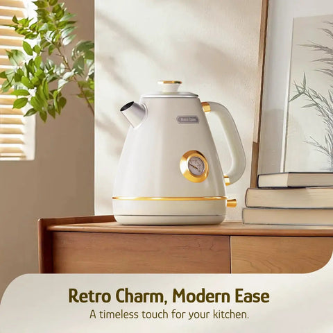 Retro Electric Kettle With Thermometer 1.7 Liter All Stainless Steel 1200 Watt Fast Boil Cordless BPA Free Auto Shut Off With Precise Temperature Reading Pearl White on kitchen counter