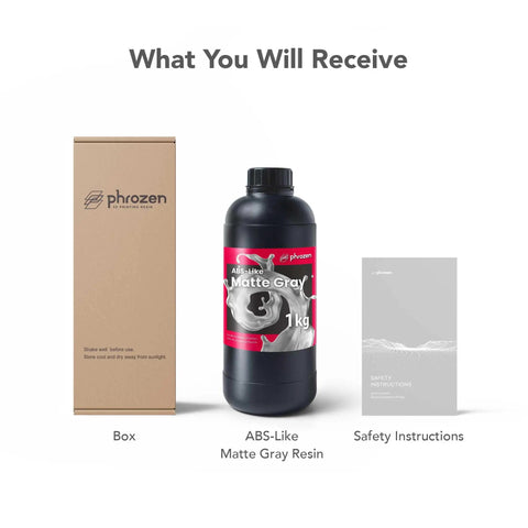 Top Shelf Abs Look Matte Gray Resin For 3D Printers Featuring Fast Uv Curing Photopolymer Zero Hassle For Everyday Modeling And Prototyping Low Odor Tough As Nails One Kg Bottle with packaging and instructions.