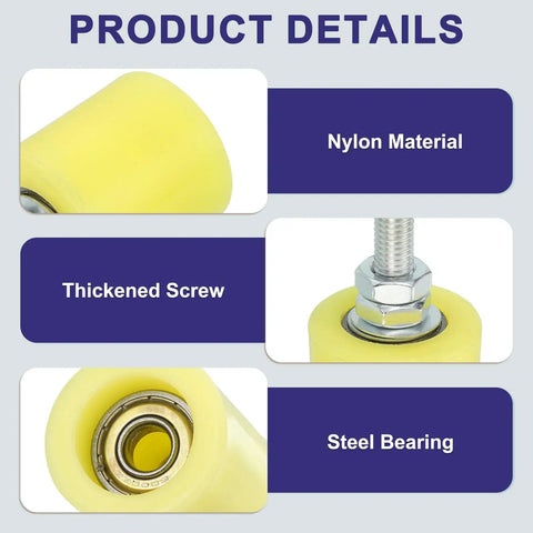 Top Shelf Heavy Duty 4 Pack Nylon Slide Gate Rollers showing yellow nylon material, steel bearing, and thickened screw detail.