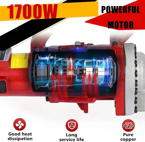 Close-up of 1700W motor in heavy duty electric hydraulic bolt cutter showing internal components and features.