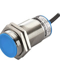 M30 Capacitive Proximity Sensor Shield Type LJC30A3 10 JEZ with blue cap, metal body, wire attached, side view