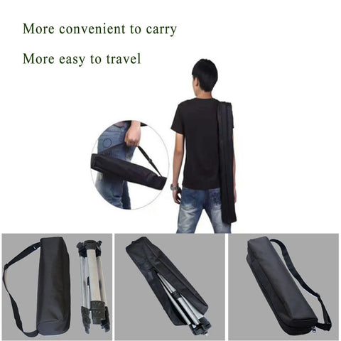 Rugged Multi-Function Equipment Organizer Bag For Music Stands Tripods Mic Stands Camera Gear And Hunting Kit Heavy Duty Water-Resistant Storage Case Travel Tool Kit 22 Inches Long With Adjustable Dividers For A Custom Fit, shown being carried over the shoulder and with tripods.