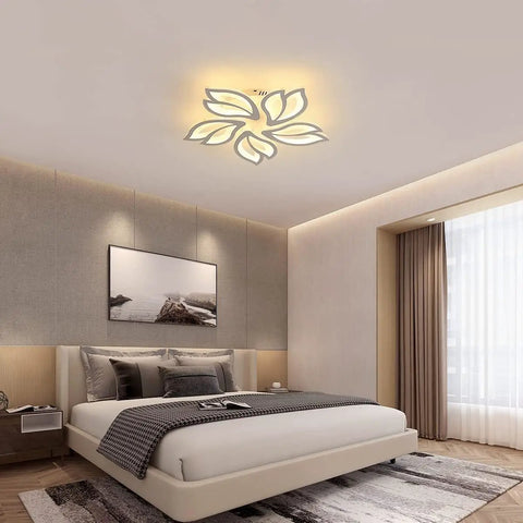 Modern 60W Dimmable LED Ceiling Light With Remote, 23.6 Inch White Acrylic Leaf Flush Mount Chandelier in bedroom setting