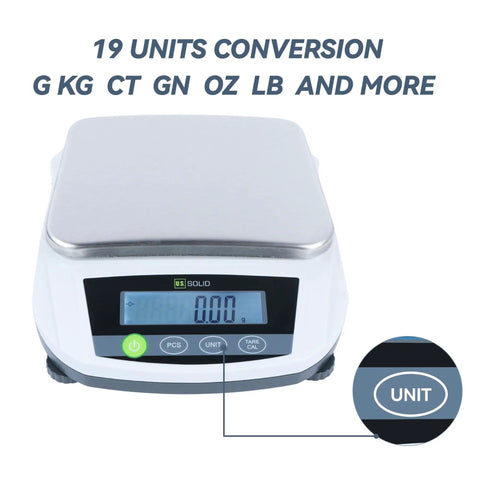Digital Lab Scale 5000g x 0.01g Pro Grade Precision Analytical Balance With LCD Display showing 19 unit conversion options