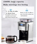 Fully Automatic Espresso Machine With Built In Grinder And Sleek Stainless Steel Body, Set 24 Hour Timer For Big Batch Drip Coffee Brewing, Dual Bean Powder Setup, Smart Thermal Guard For No Sweat Daily Sips with control panel and glass carafe.