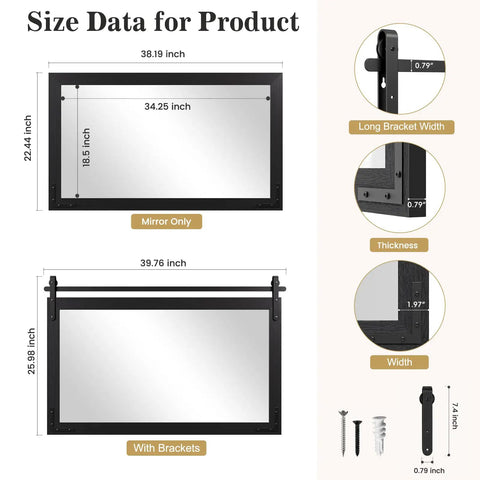 Top Tier Farmhouse Bathroom Mirror With Classic Barn Door Silhouette And Heavy Duty Black Metal Frame dimensions and details.