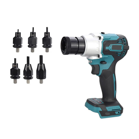 Heavy Duty Brushless Electric Rivet Gun With Kickass Motor Power And Dead Simple Operation For Aluminum Steel Rivets M3 To M10, handheld tool with M3 to M10 nozzles.