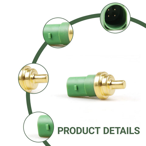 Coolant temperature sensor for automotive use, green plastic body with brass sensing tip and electrical connector.