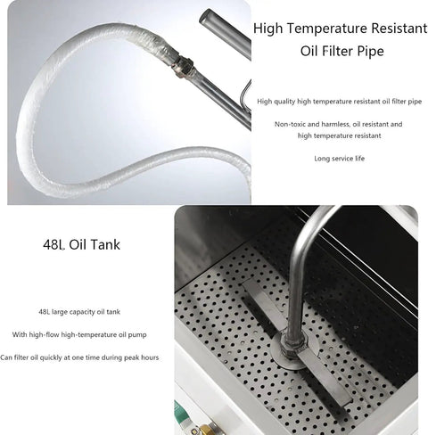 High temperature resistant oil filter pipe and 48L oil tank for Huge 65 Liter Commercial Fryer Filter Machine Pump System