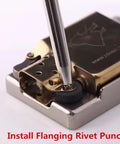 Close-up of Complete 5 Piece Lighter Repair Tool Kit With Heavy Duty Steel Wheel Rivet Punch Set installing rivet with punch.