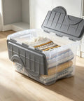 Top Shelf 2 Pack Of 48 Quart Stackable Storage Bins With Clear Plastic Flip Hinge Lids And Gray Finish with blankets inside
