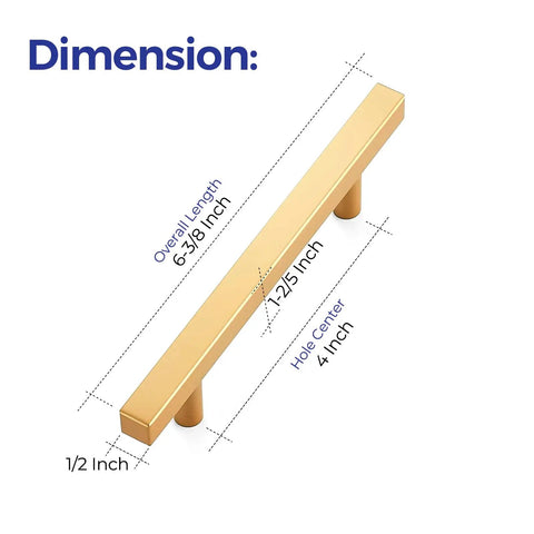 Top Shelf Champagne Gold Square Cabinet Handles For Modern Kitchen Drawers Hella Strong Heavy Duty Metal Construction With Ultra Smooth Finish And Quick Install 4 Inch Spread dimensions showing overall length and hole center.