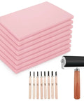Eight Piece 4x6 Inch Linoleum Carving Blocks For Printmaking And Rubber Linocut Stamps Kit With Wood Carving Tools And Brayer Roller