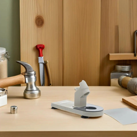 Heavy Duty Plastic Glue Stick Organizer Stand With Deep Trenches For Hot Melt Adhesive Pens on a wooden workbench.