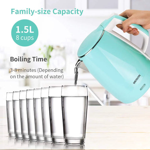 Electric Kettle With BPA Free No Plastic Contact Stainless Steel Interior Double Wall For Safe Hot Water Touch Cool To The Touch Coffee And Tea Pot Kettle With Auto Shut Off Boil Dry Protection 1.5L 2 Year Warranty pouring water into glasses