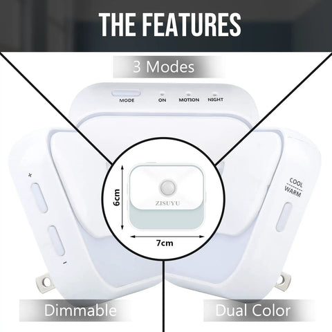 Plug In Motion Sensor Night Light With 3 Modes, Dimmable Dual Color Warm White To Cool White, UL Certified, 4 Pack features
