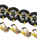 4 Pack Beefed Up Heavy Duty 2 Inch By 10 Foot Wheel Straps With Flat Hooks Lasso Style Tire Tie Downs wrapped around black tires