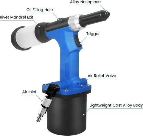 Pneumatic Blind Rivet Gun Kit With Self Priming Action Quick Change Nosepieces For Common Rivet Sizes, parts labeled.