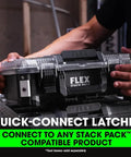 Hands connecting Stackable Storage System Compact Organizer Box With Quick Connect Interlock 25 Lb Load Capacity in workshop.