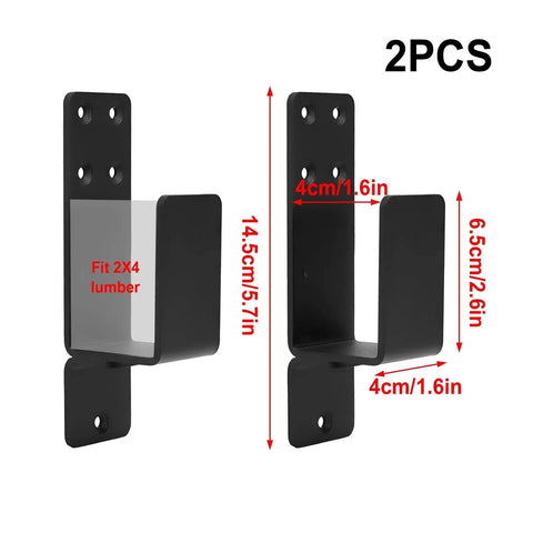 Lock Down Your Space With These Heavy Duty Sliding Door Barricade Brackets For Fort Knox Level Reinforcement Tough As Nails Metal Bars Secure The Perimeter In White, showing two black metal brackets fitting 2x4 lumber.
