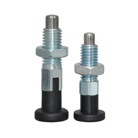 Rugged As Hell Stainless Steel Indexing Plunger With Self Locking Knurled Knob And Slick Return Action For No Nonsense Positioning showing two sizes.