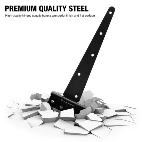 Heavy Duty 12 Inch T Strap Black Gate Hinges Featuring Dang Smooth 270 Degree Rotation For Barn Shed And Fence Gates Rock Solid 2.5 mm Thick Steel installed on cracked surface.