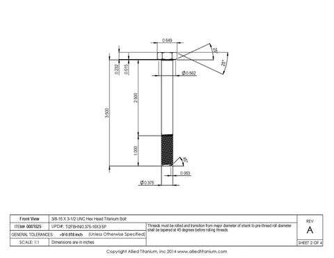 3/8 16 X 3 1/2 Inches Grade 2 Titanium Hex Head Bolt diagram for corrosion resistant fasteners.