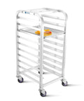 Built Tough Ten Tier Rolling Sheet Pan Rack Aluminum Bun Baker Shelf With Swivel Wheels Rust Resistant Commercial Kitchen Baking Tray Organizer with tray of pastries.