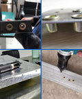 Rivet nuts kit collage: 100pcs 3/8-16 carbon steel flat-head inserts, kit on metal case, and installed in aluminum channel.