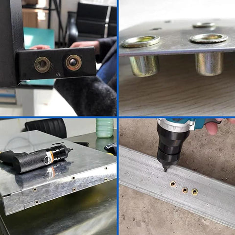 Rivet nuts kit collage: 100pcs 3/8-16 carbon steel flat-head inserts, kit on metal case, and installed in aluminum channel.