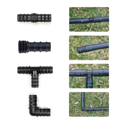 PE Pipe Joint Tee Straight Elbow Plug Greenhouse Irrigation Fittings Set For Micro Spray Hose Connectors 16mm 20mm 25mm Tee Elbow Bulk 50 Pieces DIY Garden Watering Kit, black plastic hose connectors