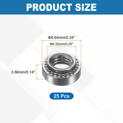 Pro-Shop Rated Self Clinching Nuts In Size 10-32 Thread Forged From Heavy Duty 304 Stainless Steel, detailed dimensions shown.