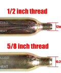 Close-up of 45g 60cc CO2 Cylinder with Half Inch Thread for Airbag Vest and Inflatable Jackets Replacement, showing thread size comparison